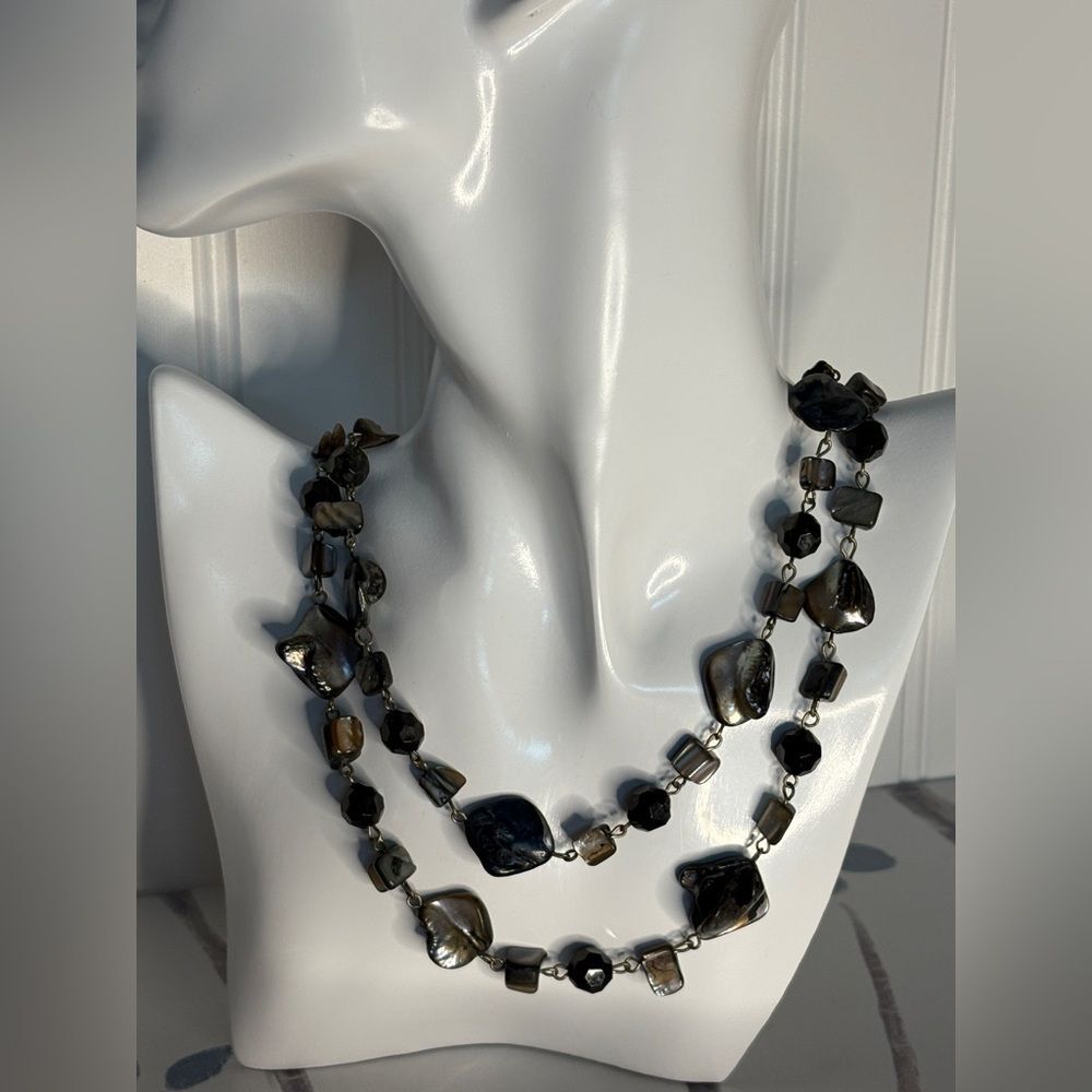 Vintage Necklace W/Double Strands Silver-Tone Chain, blue and black faceted bead